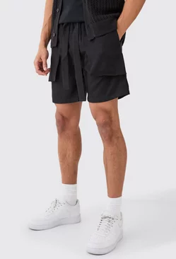 Black Elastic Waist Peached Relaxed Fit Short