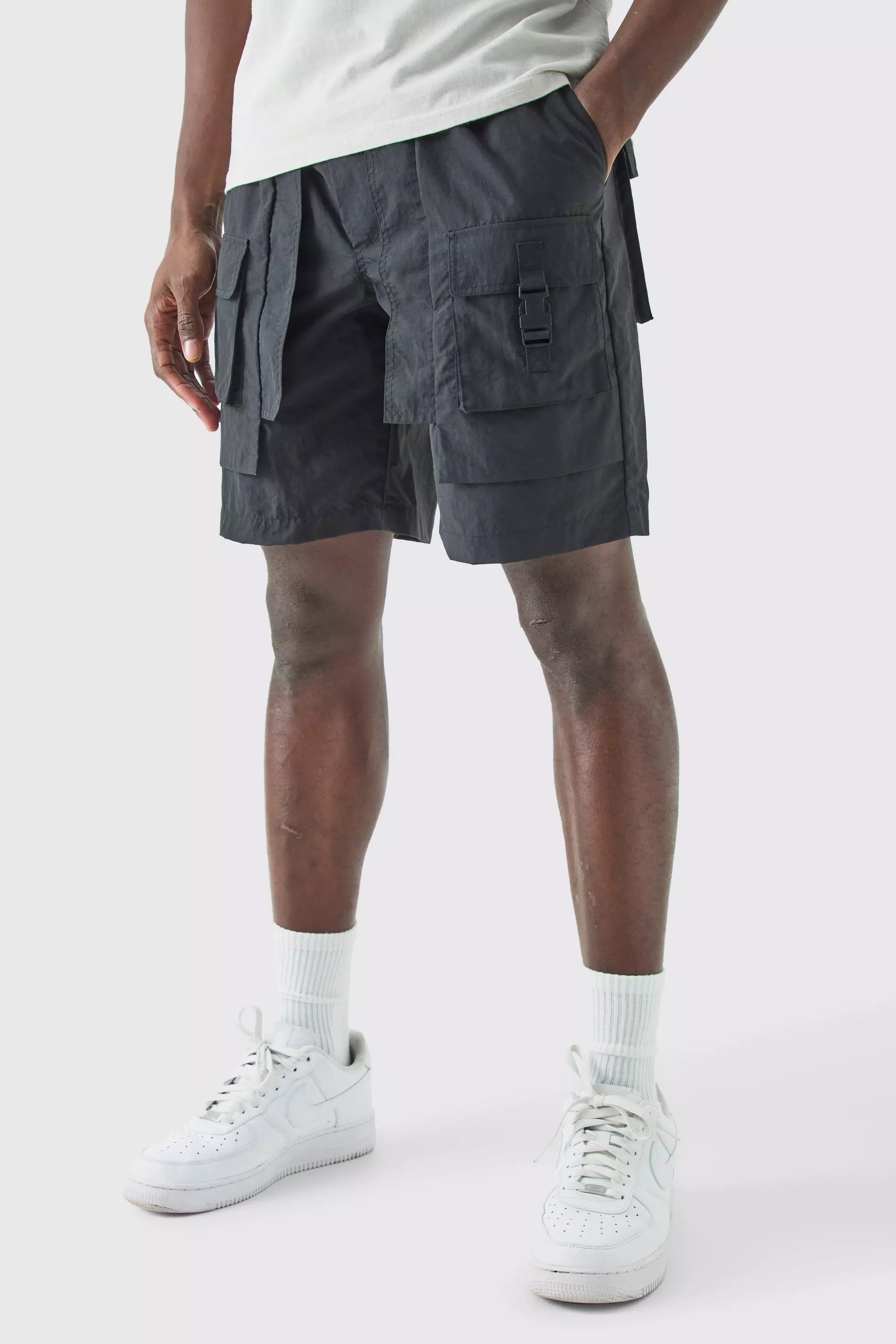 Elastic Waist Crinkle Nylon Buckle Cargo Short Black