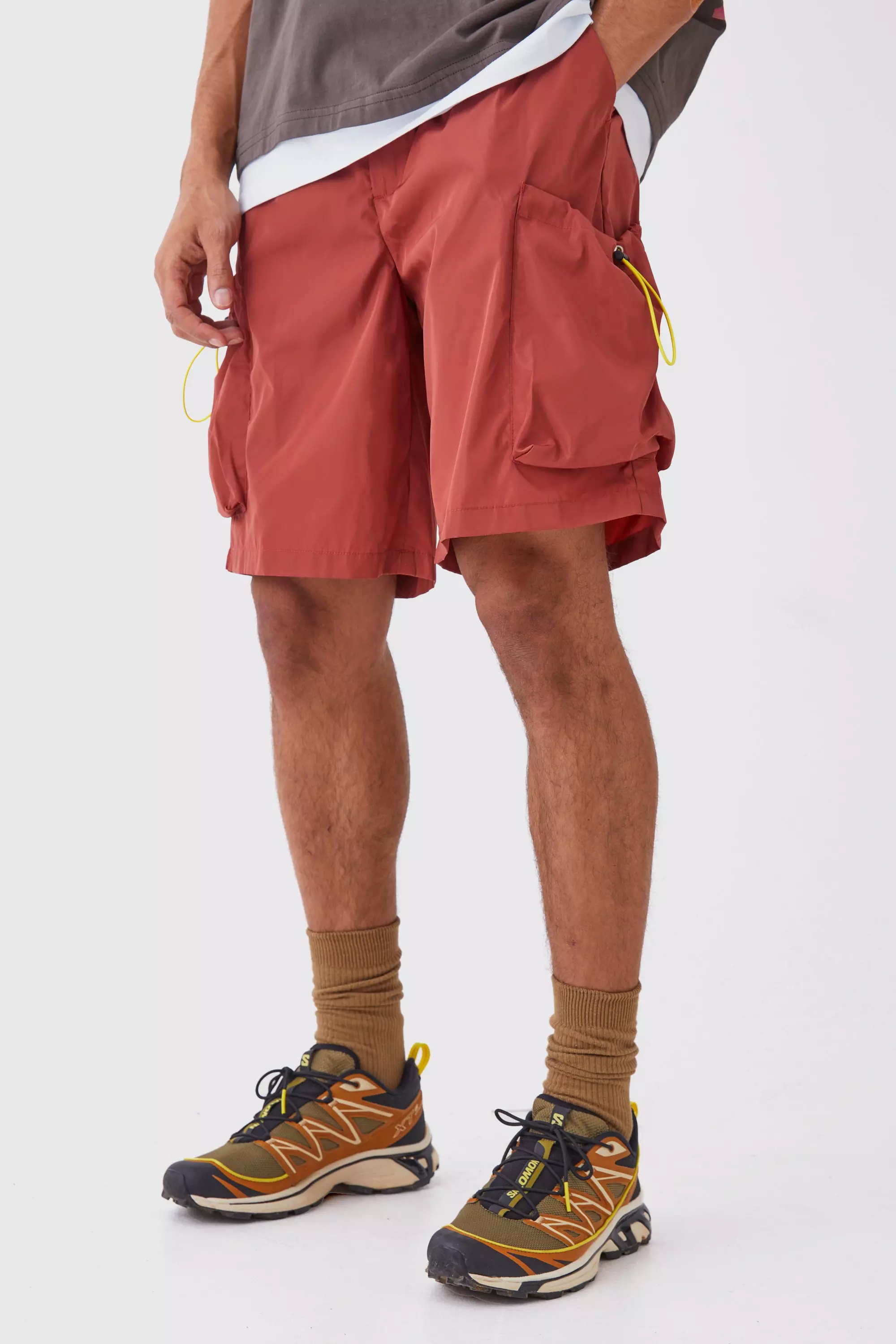 Relaxed Fit Elasticated Waist Nylon Cargo Shorts Orange