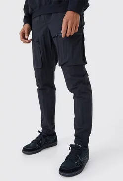 Black Elastic Waist Slim Fit Crinkle Nylon Cargo Trouser