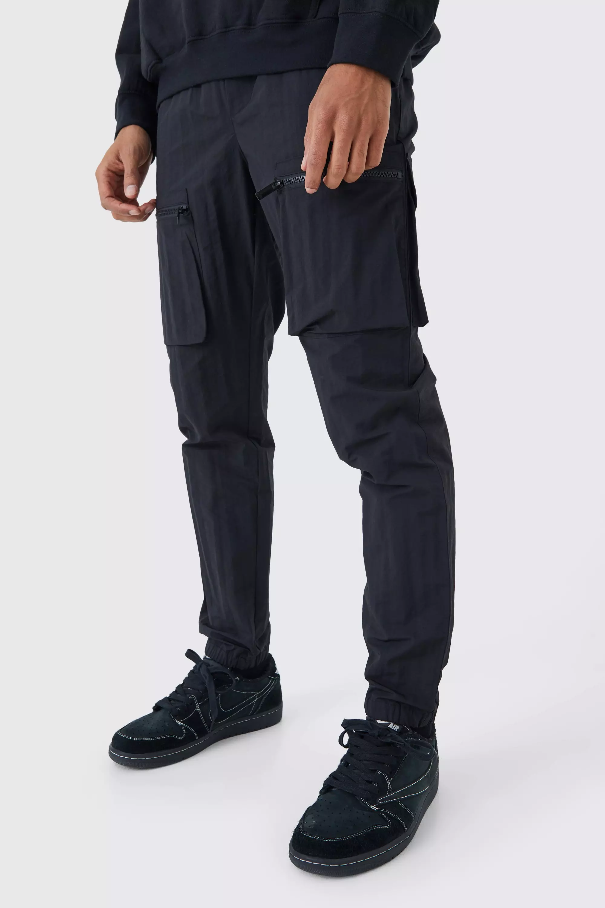 Elastic Waist Slim Fit Crinkle Nylon Cargo Trouser Black