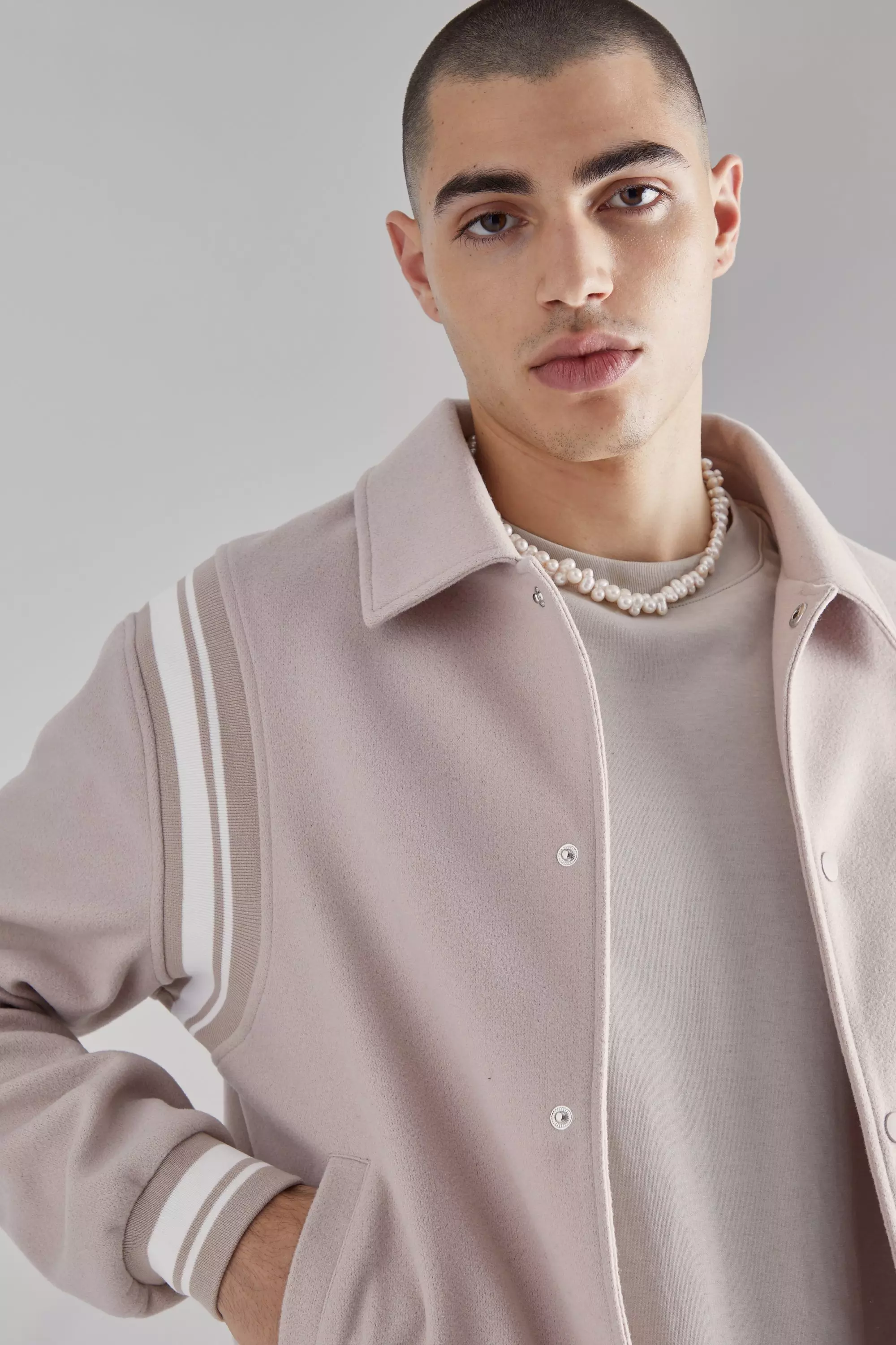 Stone Beige Rib Detail Bomber Jacket