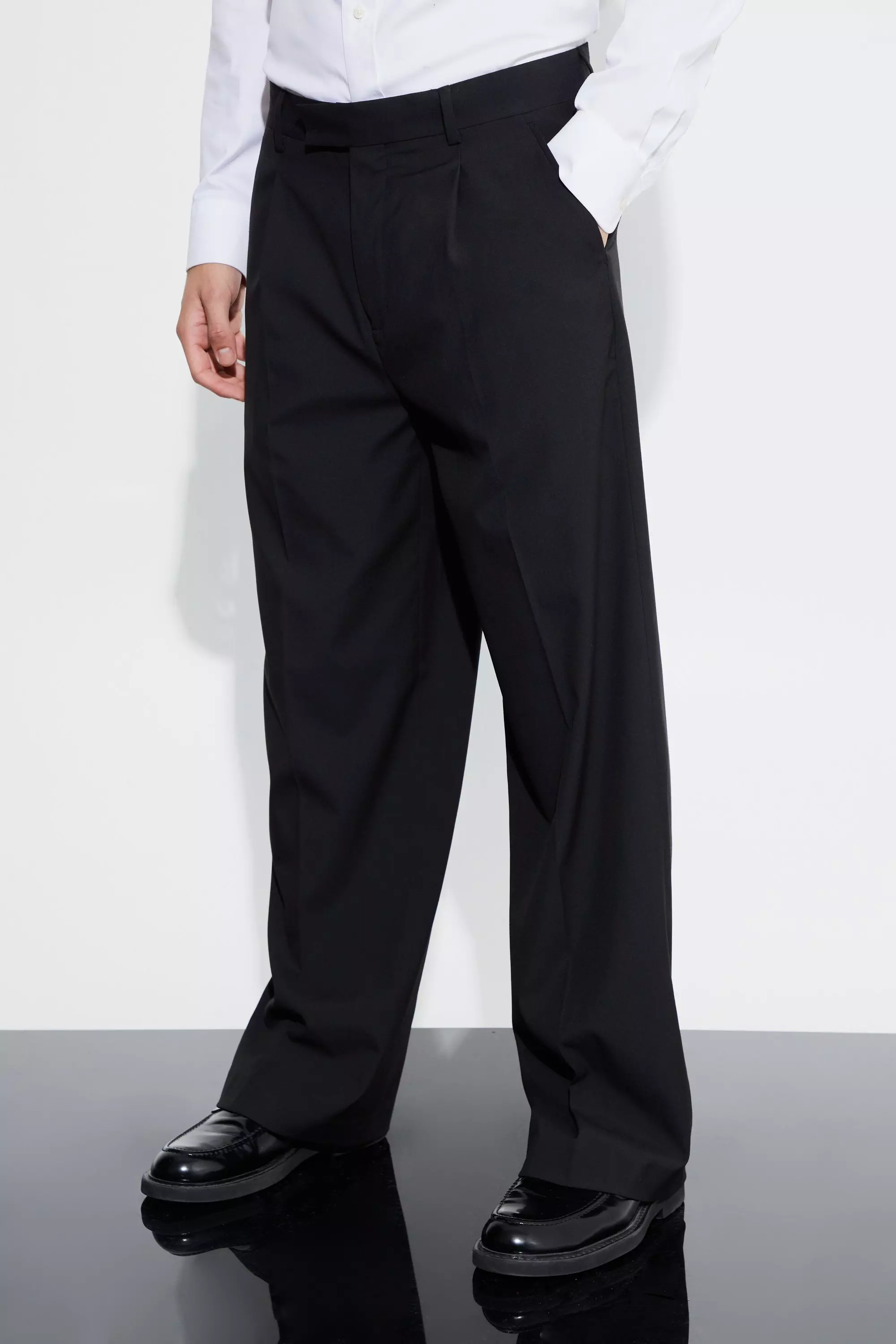 Wide Fit Pleat Front Tailored Pants Black
