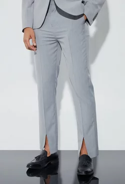 Grey Straight Fit Pants With Front Split Hem
