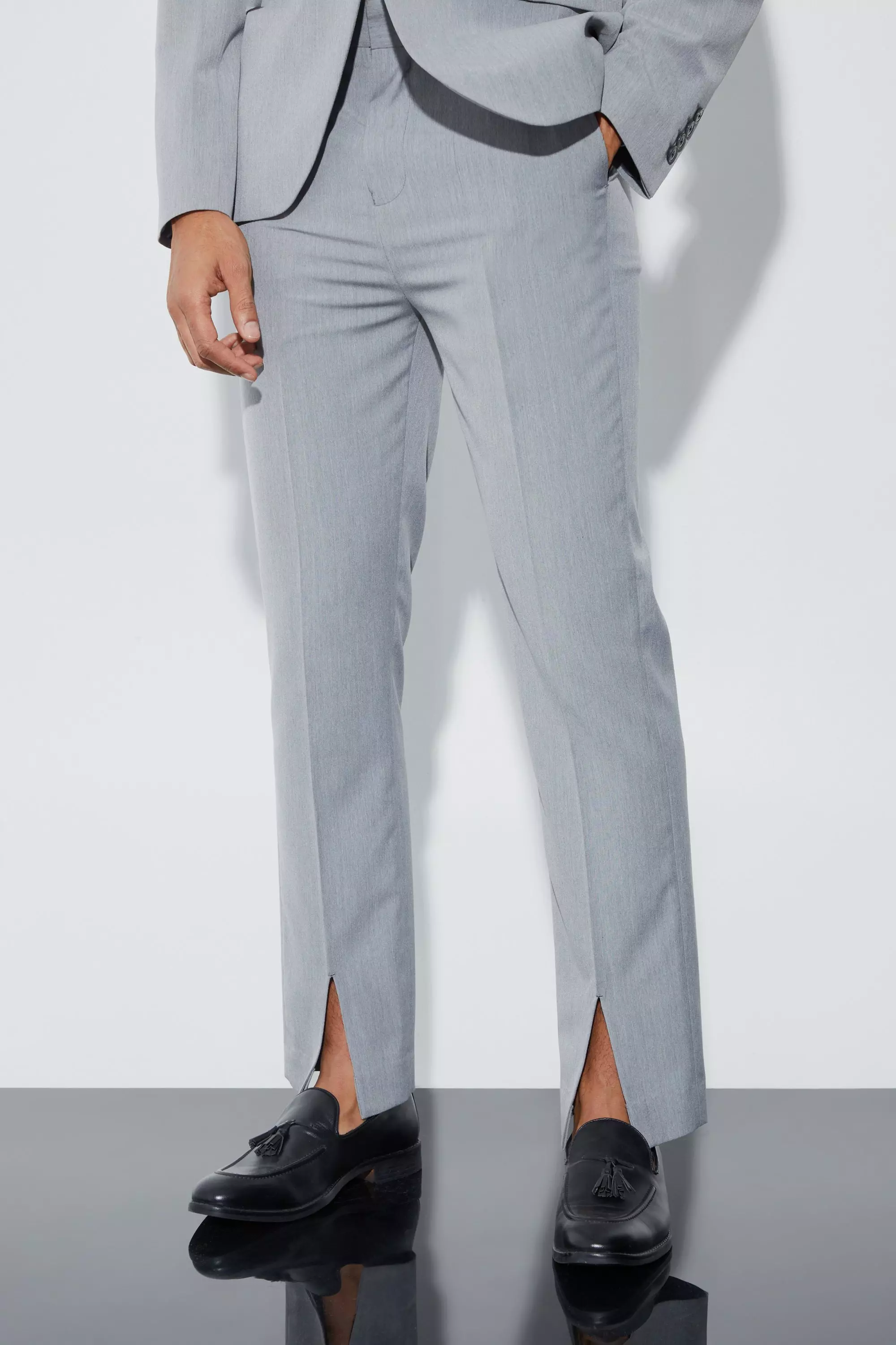 Straight Fit Pants With Front Split Hem Grey