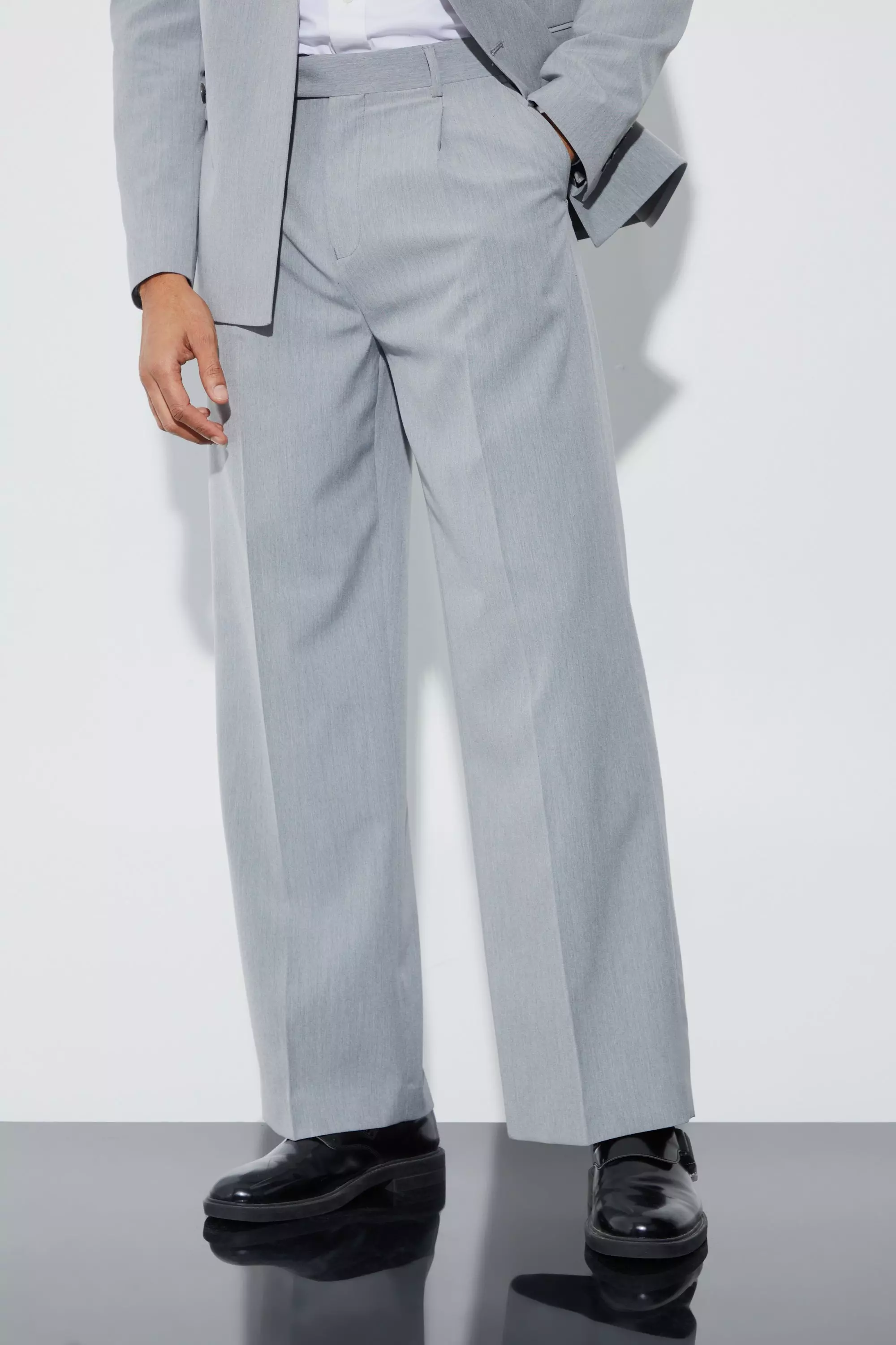 Wide Fit Pleat Front Tailored Pants Grey