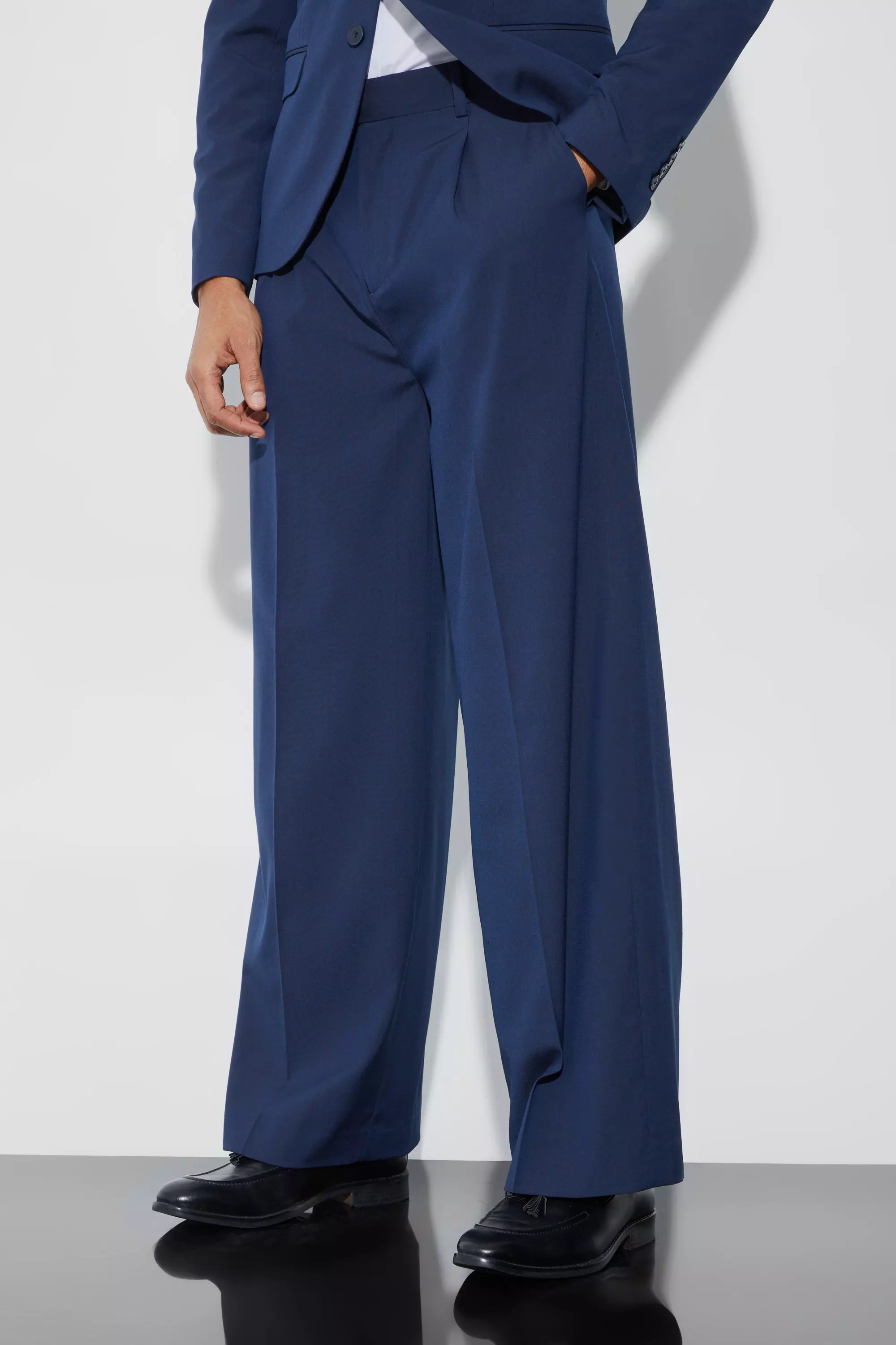Navy Extra Wide Fit Pleat Front Tailored Pants