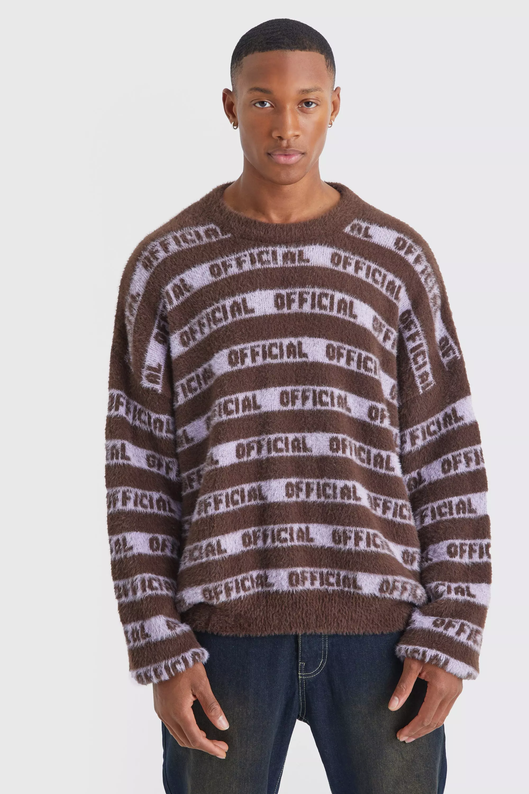 Chocolate Brown Oversized Fluffy Knitted Official Stripe Sweater