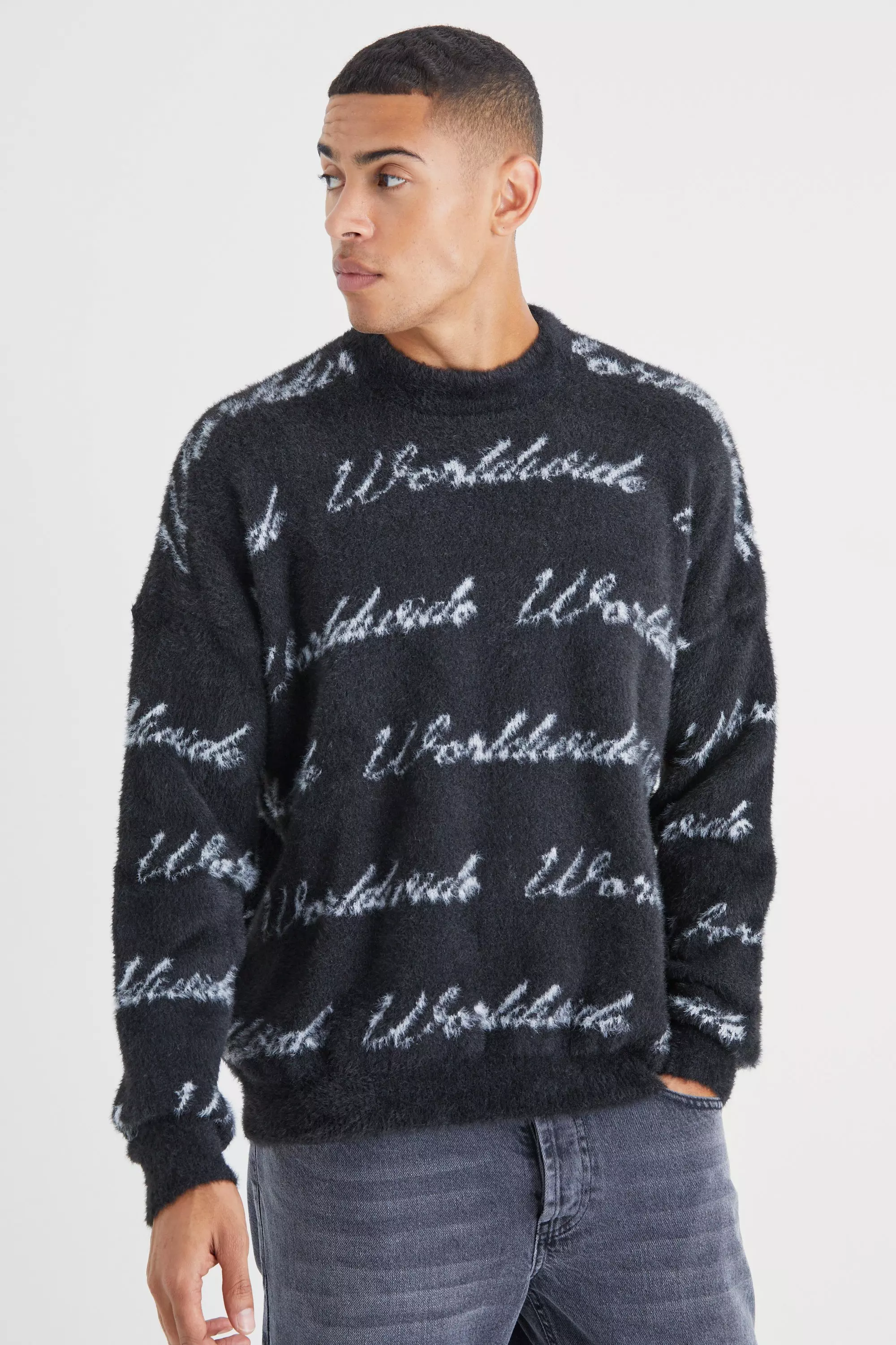 Black Oversized Fluffy Worldwide Knitted Sweater