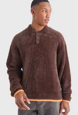 Boxy Fluffy Knitted Polo With Tipping Chocolate
