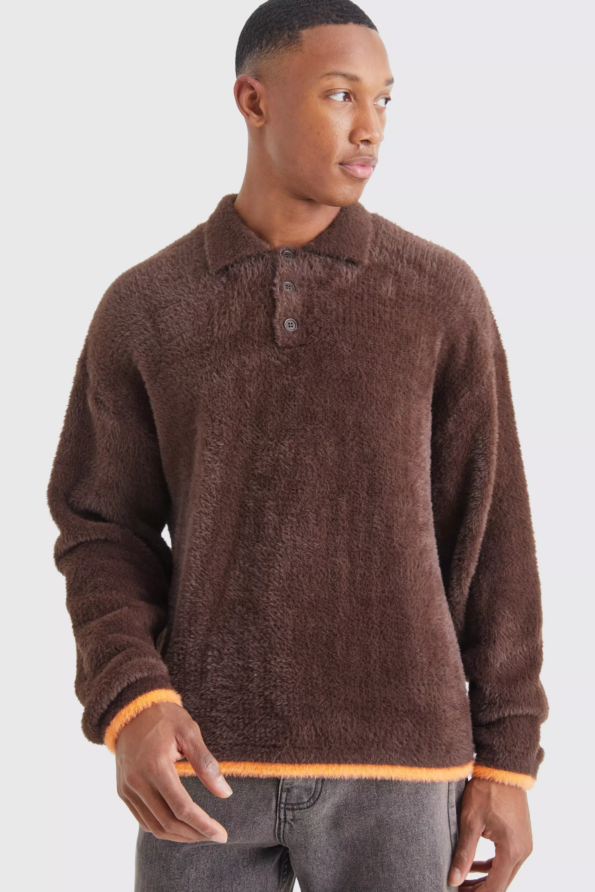 Boxy Fluffy Knitted Polo With Tipping Chocolate