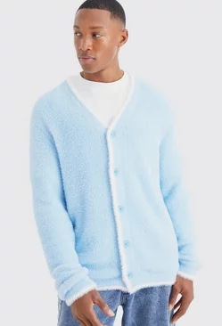 Blue Relaxed Fluffy Cardigan With Tipping