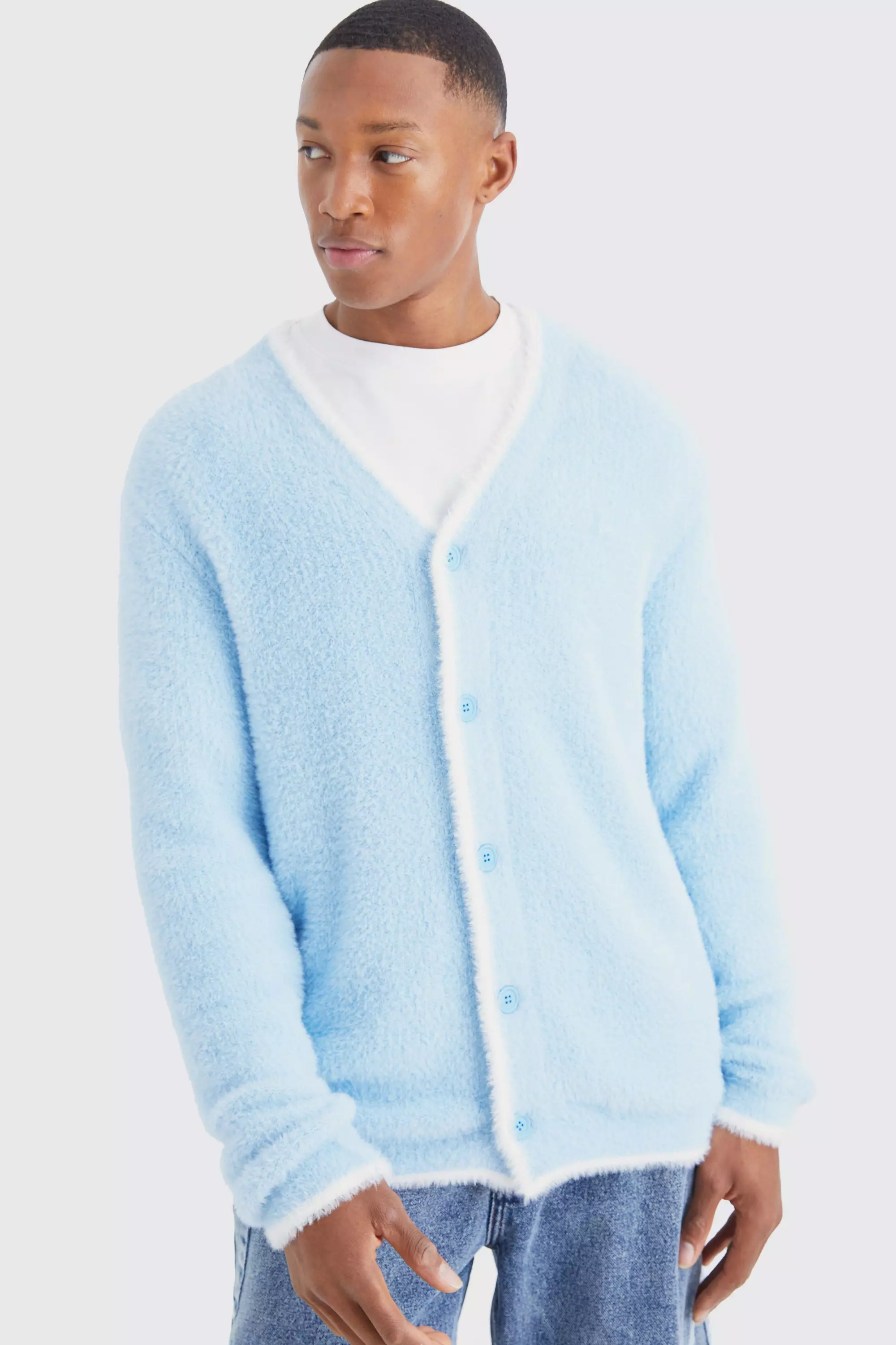 Blue Relaxed Fluffy Cardigan With Tipping