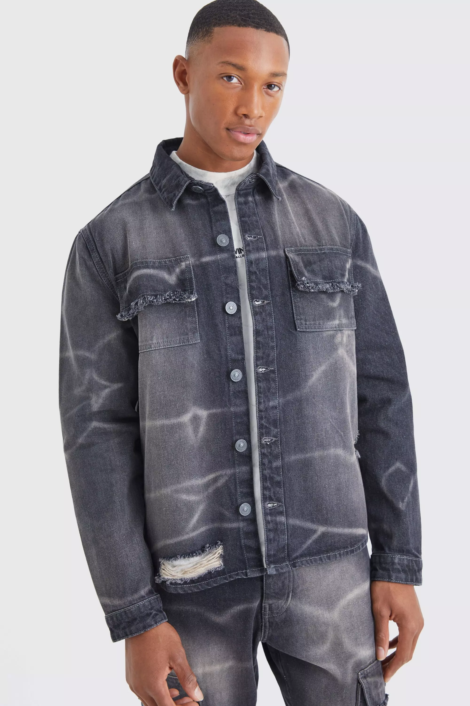 Oversized Overdyed Crinkled Denim Shirt Black