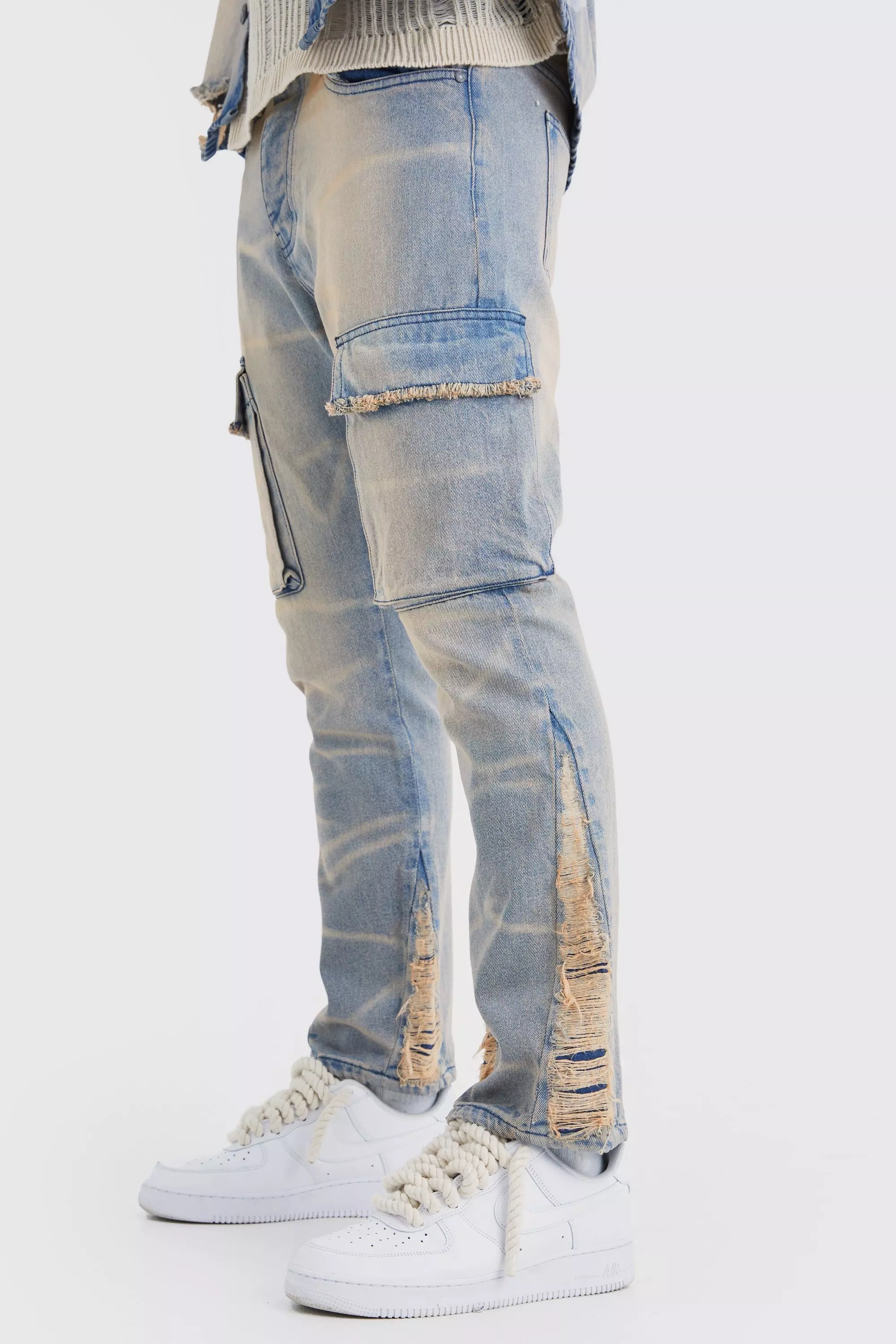 Slim Rigid Flare Overdyed Distressed Cargo Jeans Purple