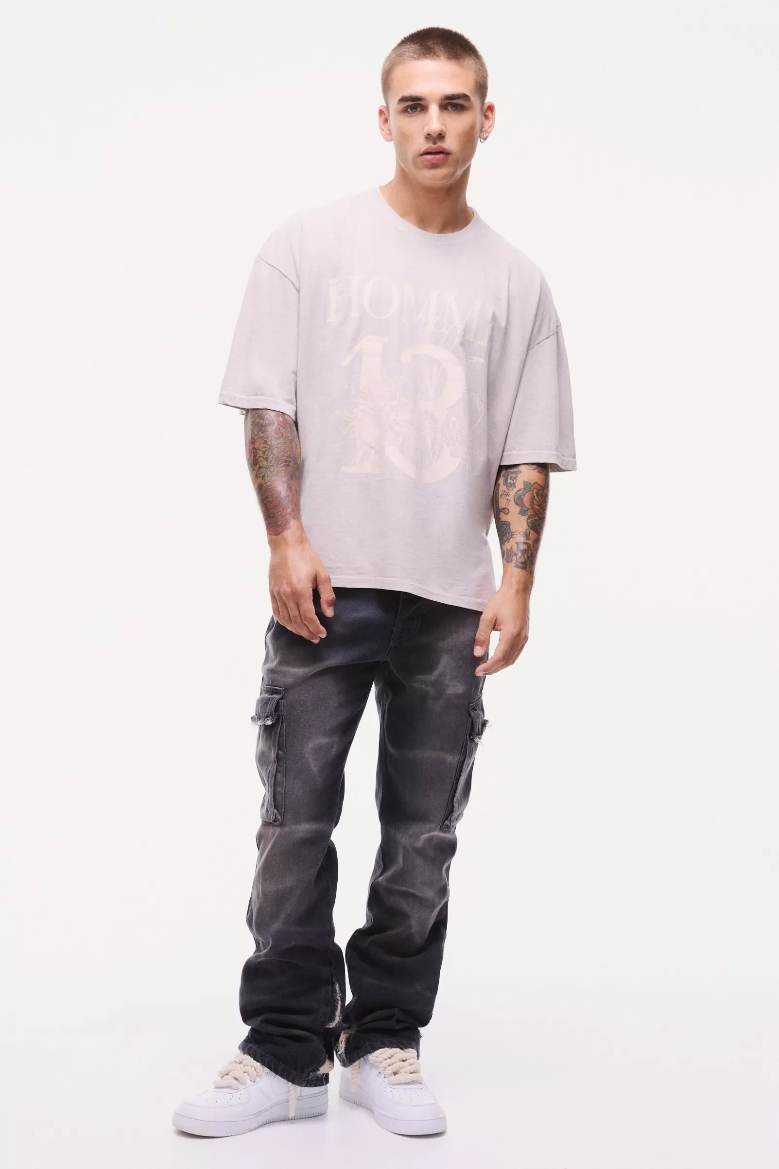 Slim Rigid Flare Overdyed Distressed Cargo Jeans Black