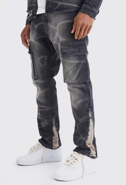 Black Slim Rigid Flare Overdyed Distressed Cargo Jeans