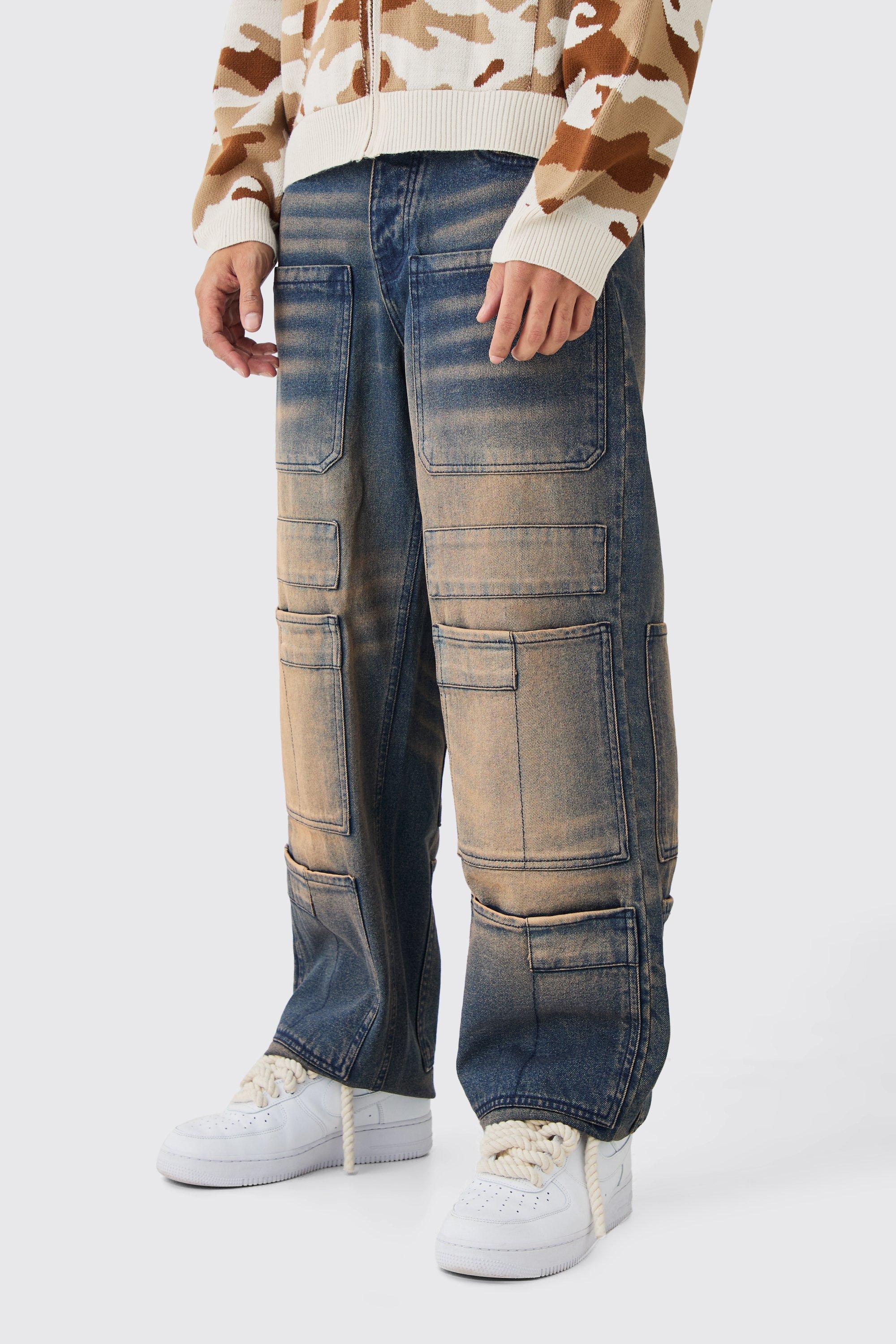 Baggy Rigid Overdyed Multi Pocket Cargo Jeans | boohooMAN USA