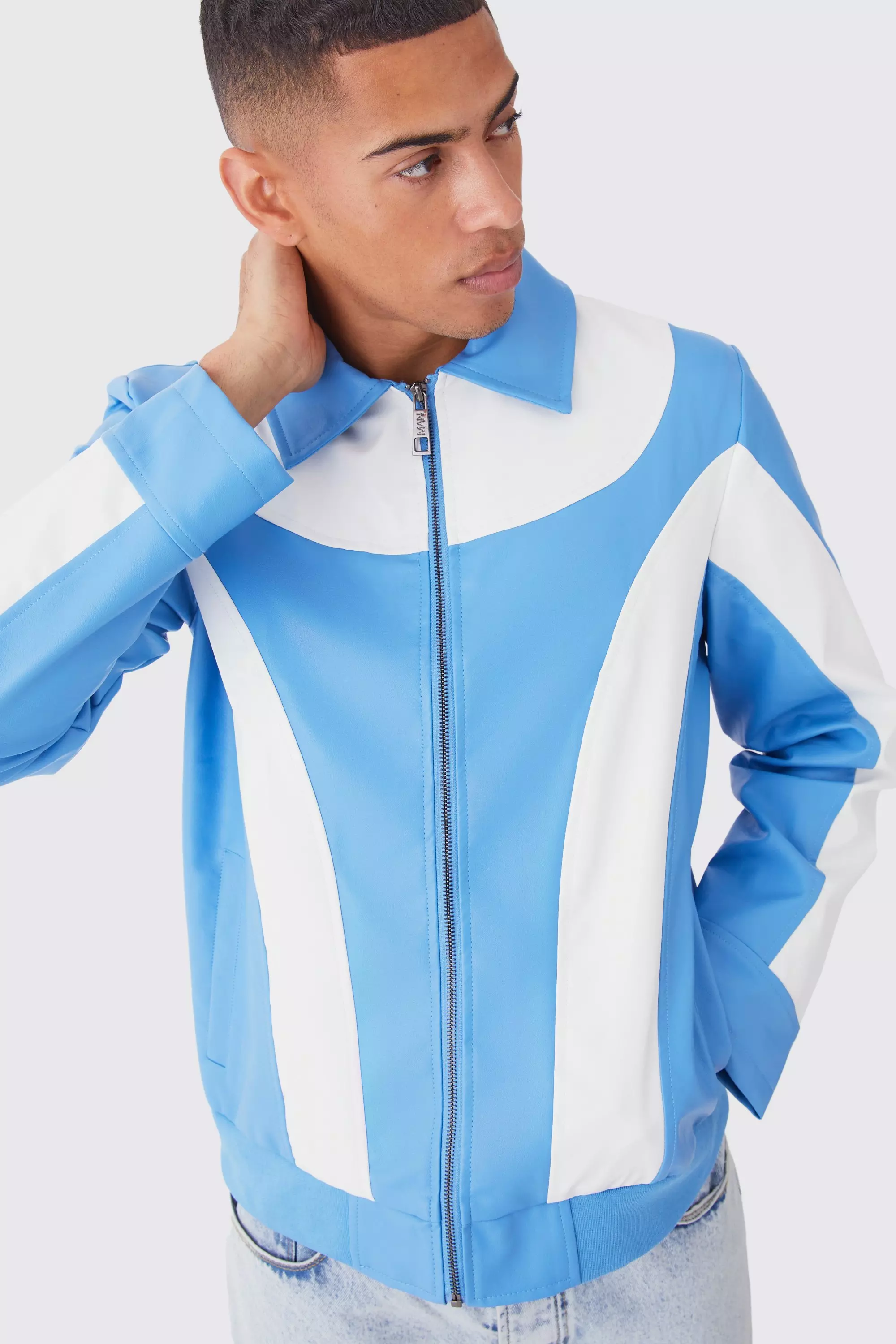 Blue Colour Block Moto Pu Jacket