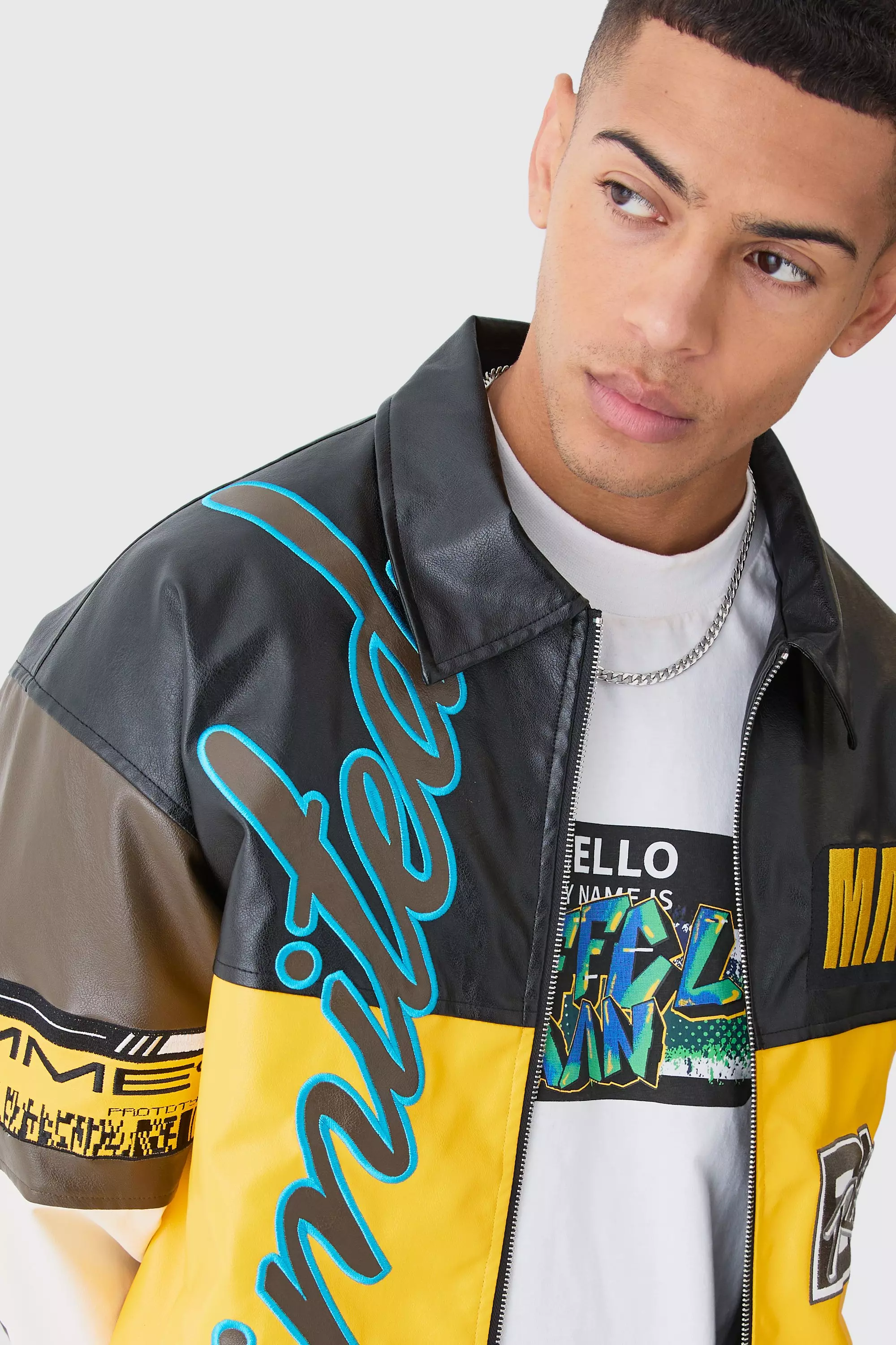 Oversized PU Badge Moto Jacket boohooMAN UK
