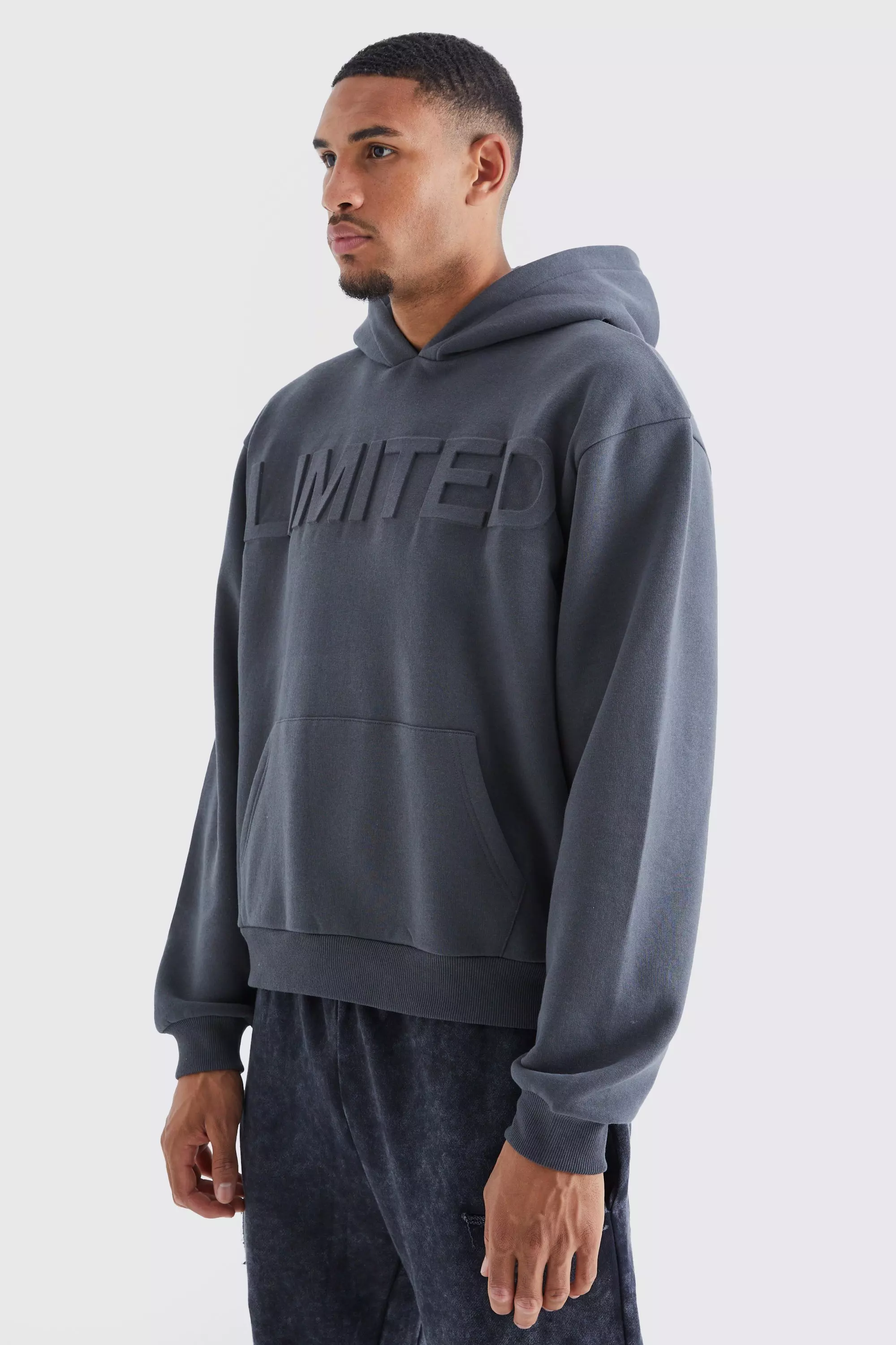 Charcoal Grey Tall Oversized Boxy Limited Embossed Hoodie