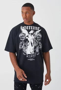 Black Oversized Extended Neck Homme Graphic Tee