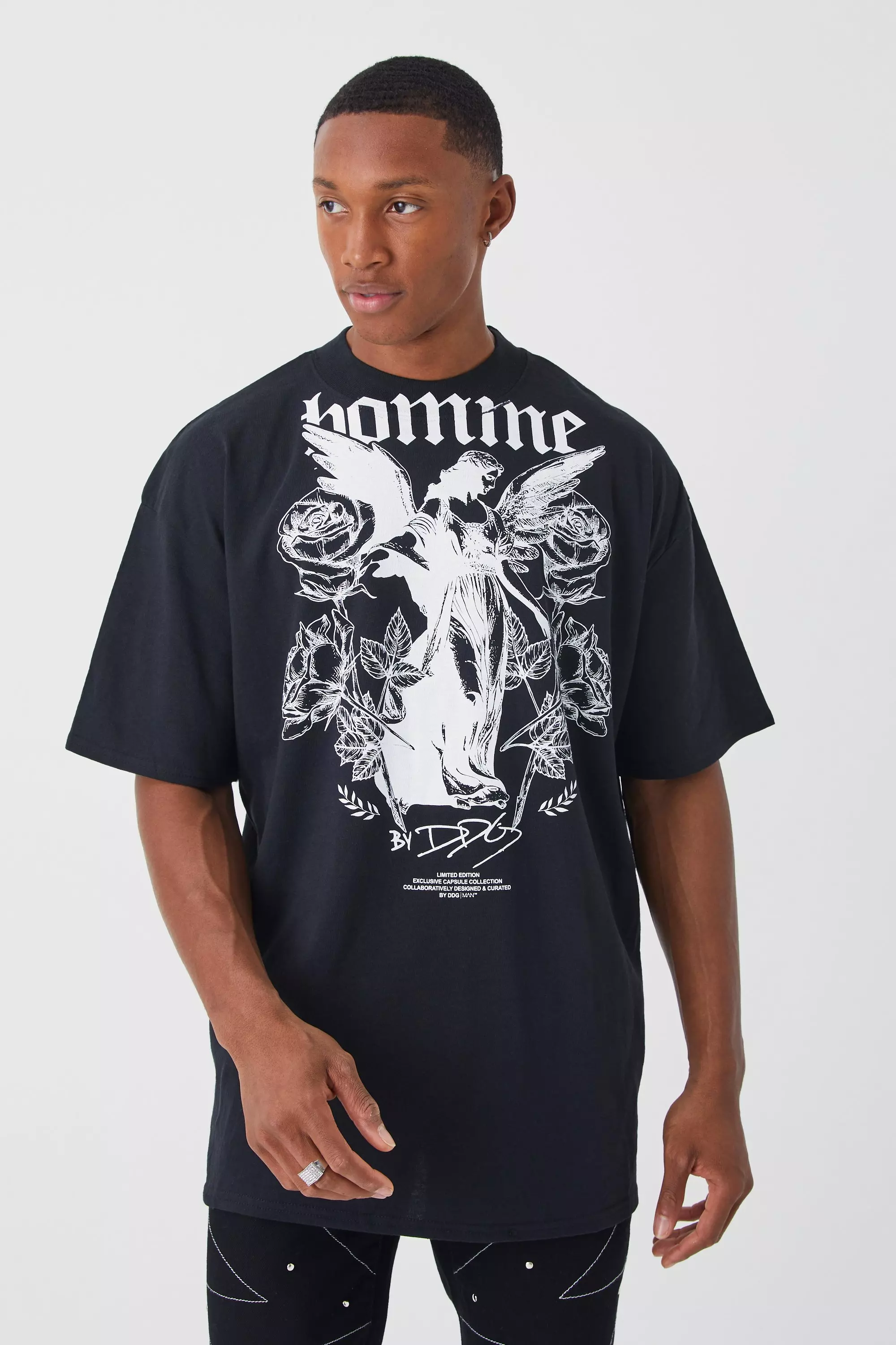 Black Oversized Extended Neck Homme Graphic Tee