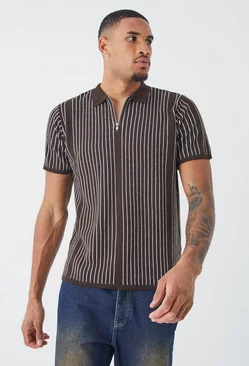 Tall Regular Vertical Stripe Knitted Half Zip Polo Taupe