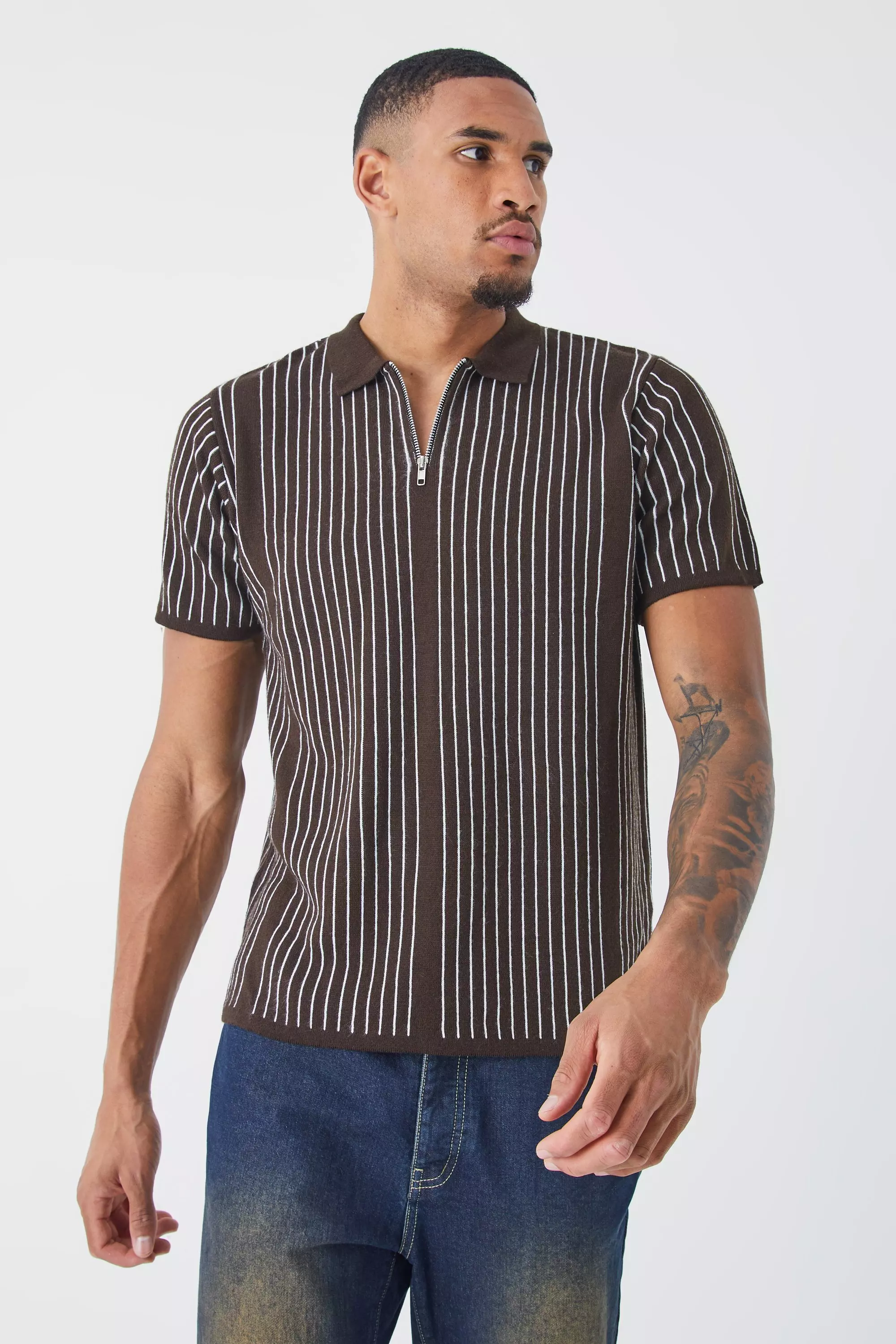 Tall Regular Vertical Stripe Knitted Half Zip Polo Taupe