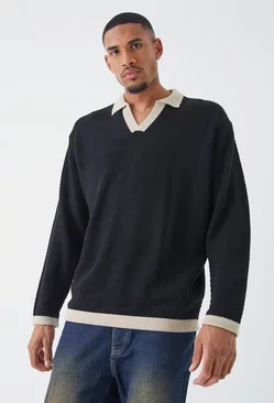 Black Tall Long Sleeved Oversized Contrast Collar Knitted Polo