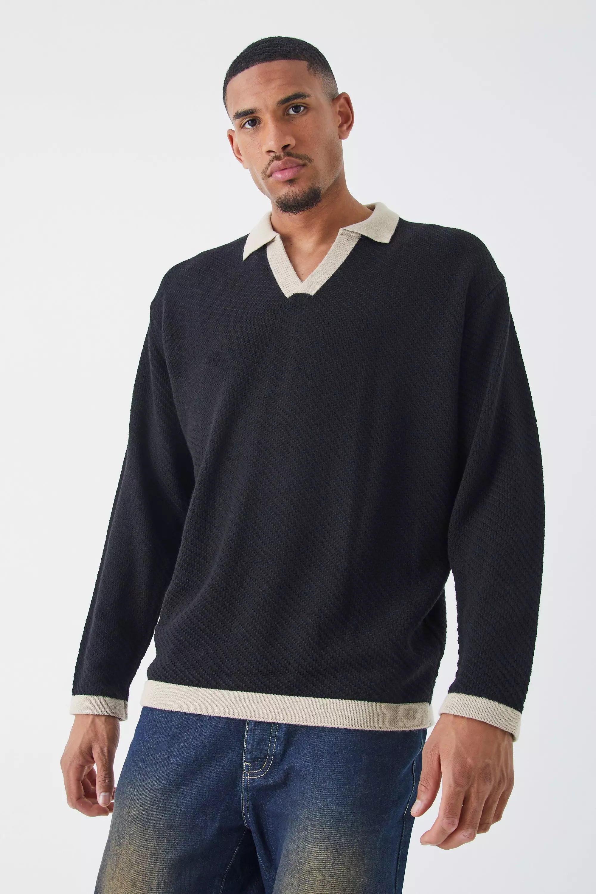 Tall Long Sleeved Oversized Contrast Collar Knitted Polo Black