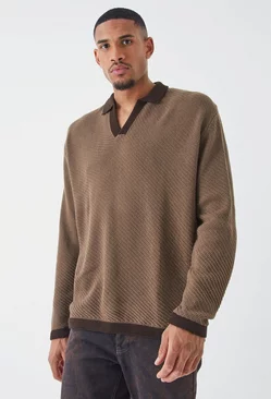 Tall Long Sleeved Oversized Contrast Collar Knitted Polo Taupe