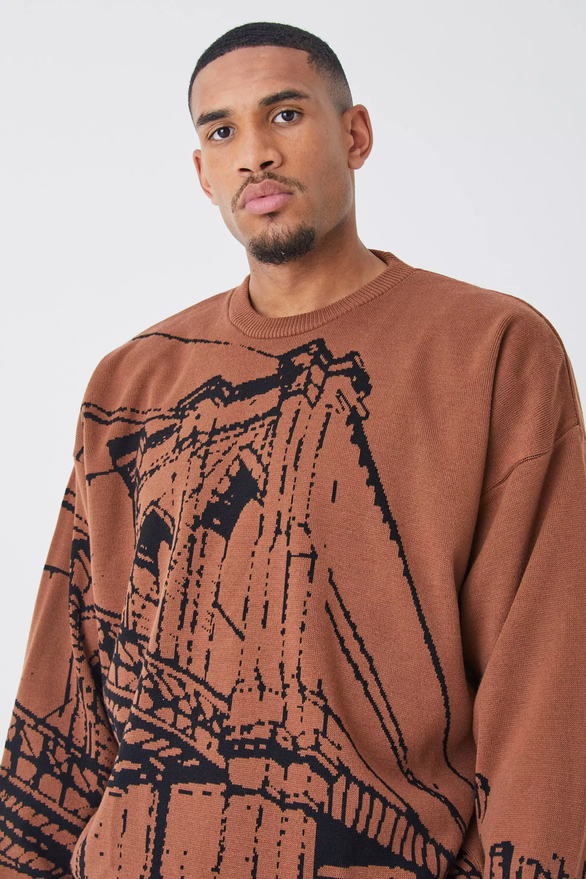 Tall Oversized Drop Shoulder Line Graphic Sweater Burnt orange