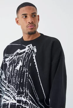 Tall Oversized Drop Shoulder Line Graphic Sweater Black