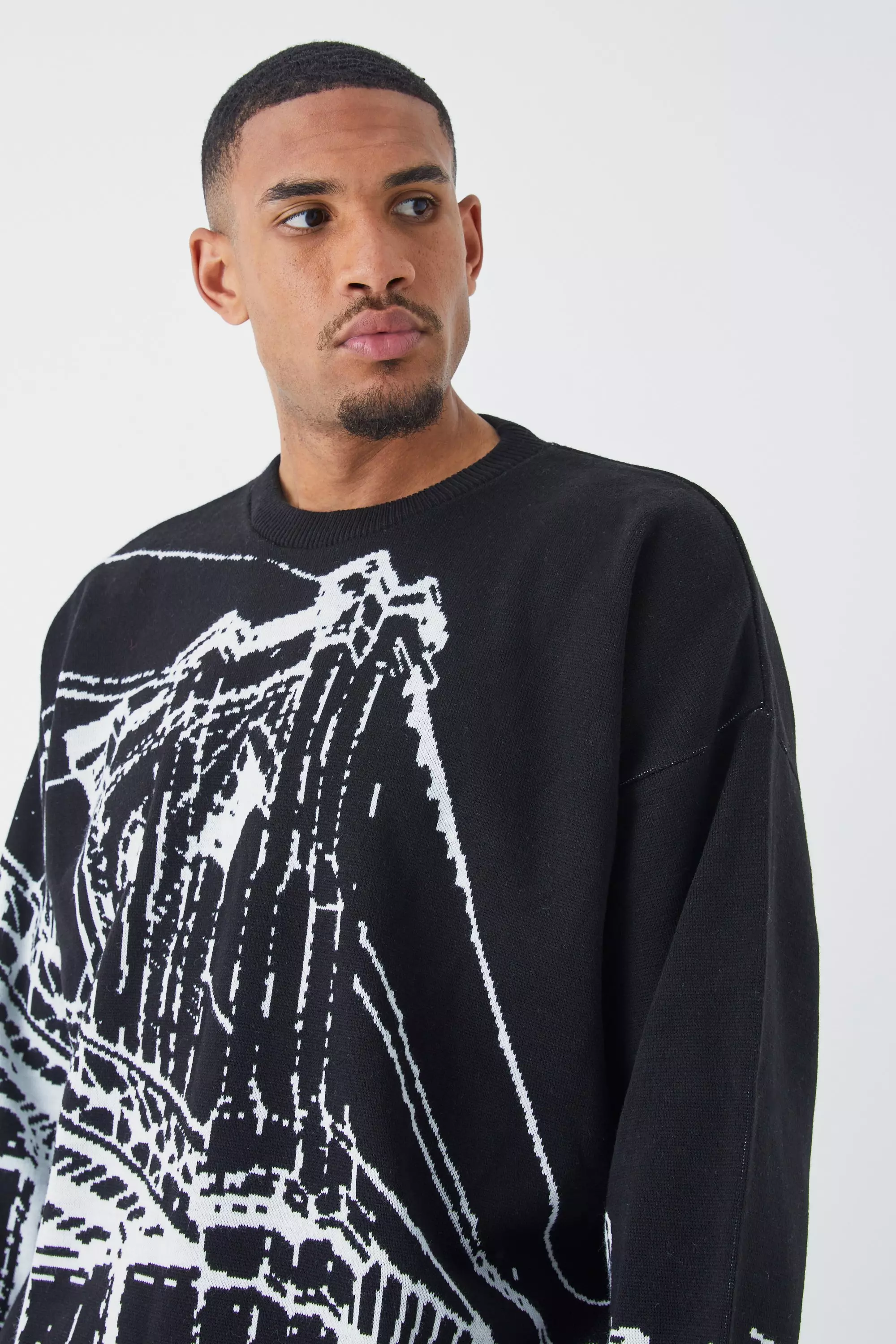 Tall Oversized Drop Shoulder Line Graphic Sweater Black
