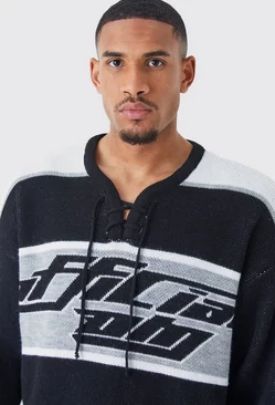Tall Oversized Knitted Hockey Top With Tie Detail Black