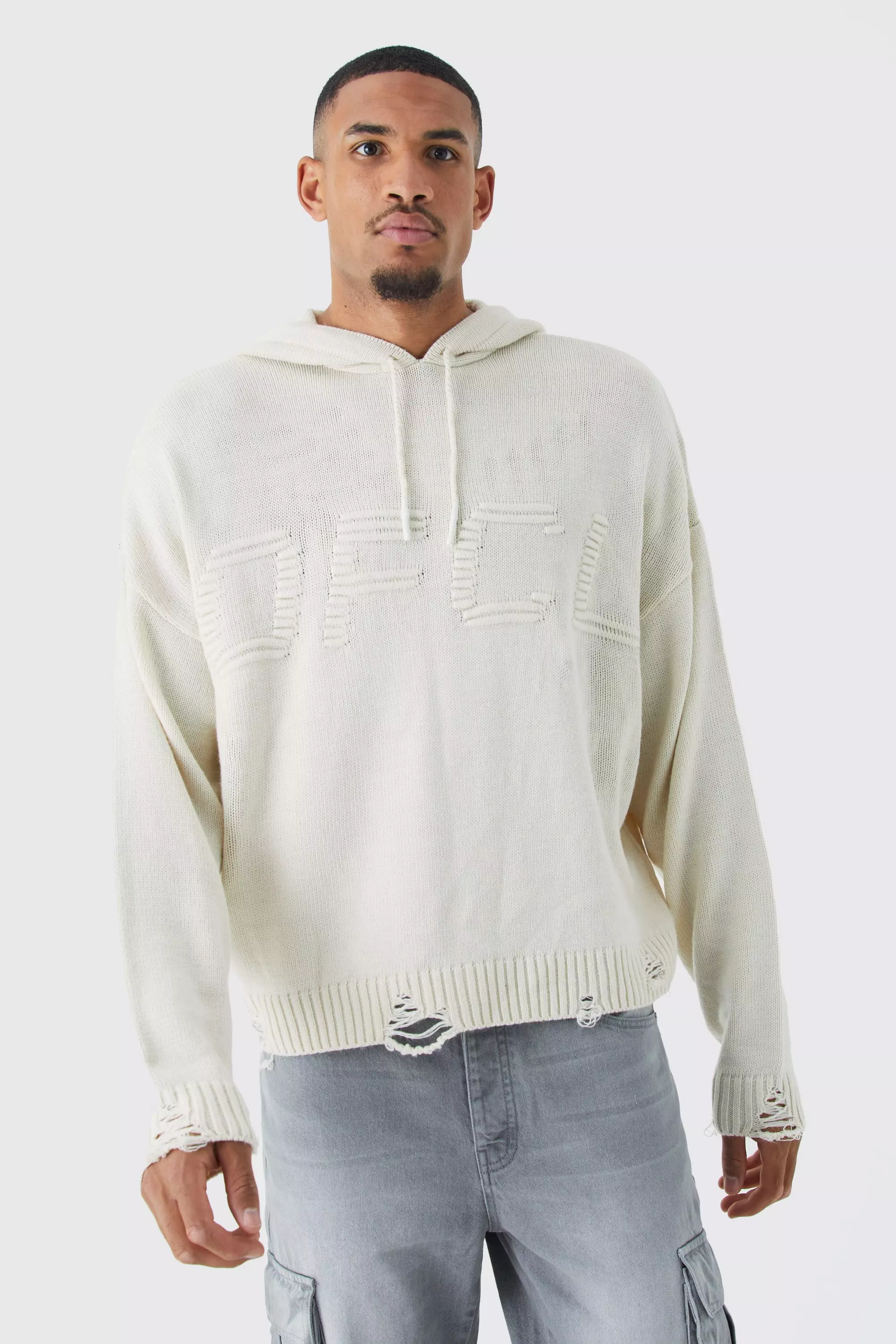 Ecru White Tall Boxy 3d Ofcl Knitted Hoodie