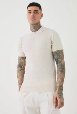 Tall Muscle Short Sleeve Ribbed Polo Cream