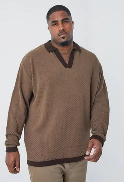 Plus Long Sleeved Oversized Contrast Collar Knitted Polo Taupe