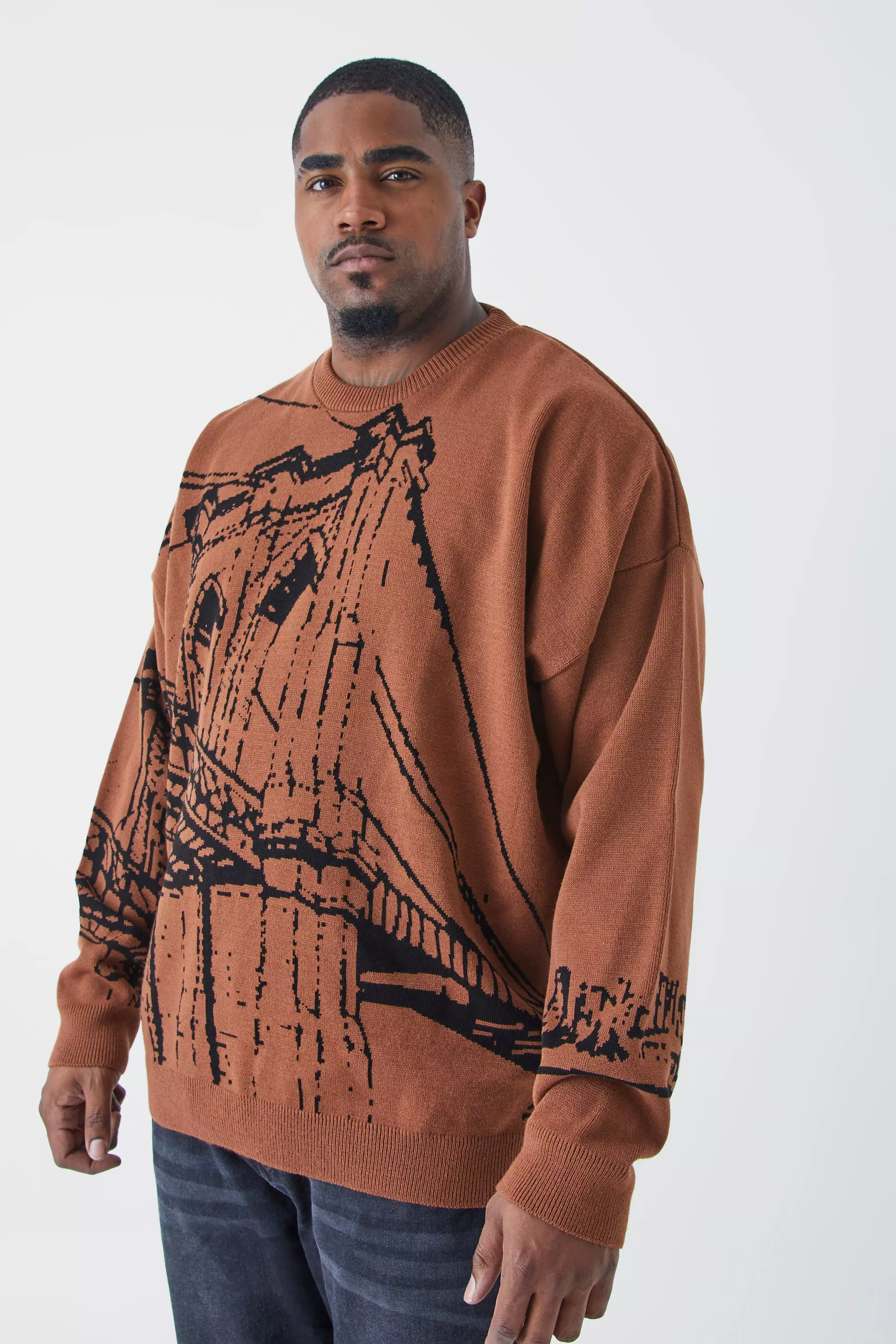 Plus Oversized Drop Shoulder Line Graphic Sweater Burnt orange