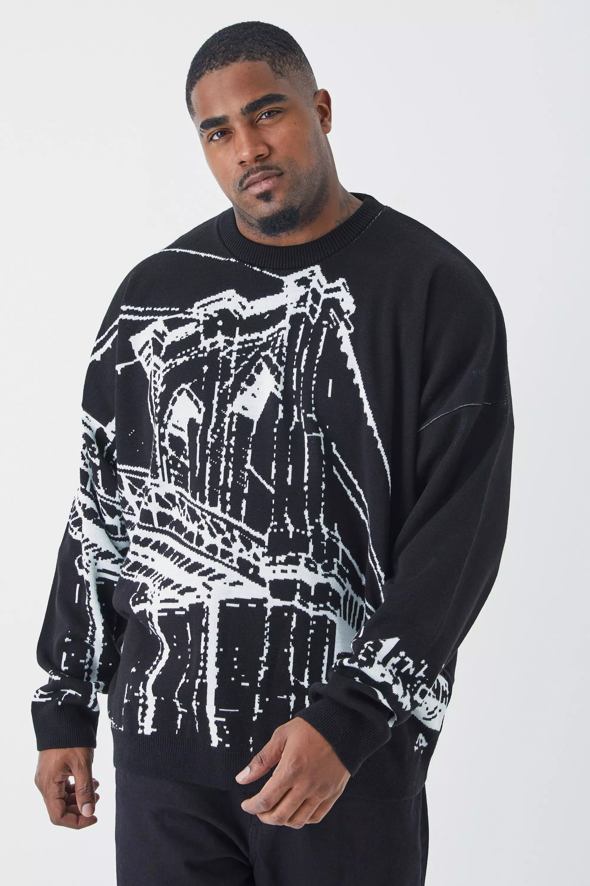 Black Plus Oversized Drop Shoulder Line Graphic Sweater