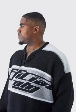 Plus Oversized Knitted Hockey Top With Tie Detail Black