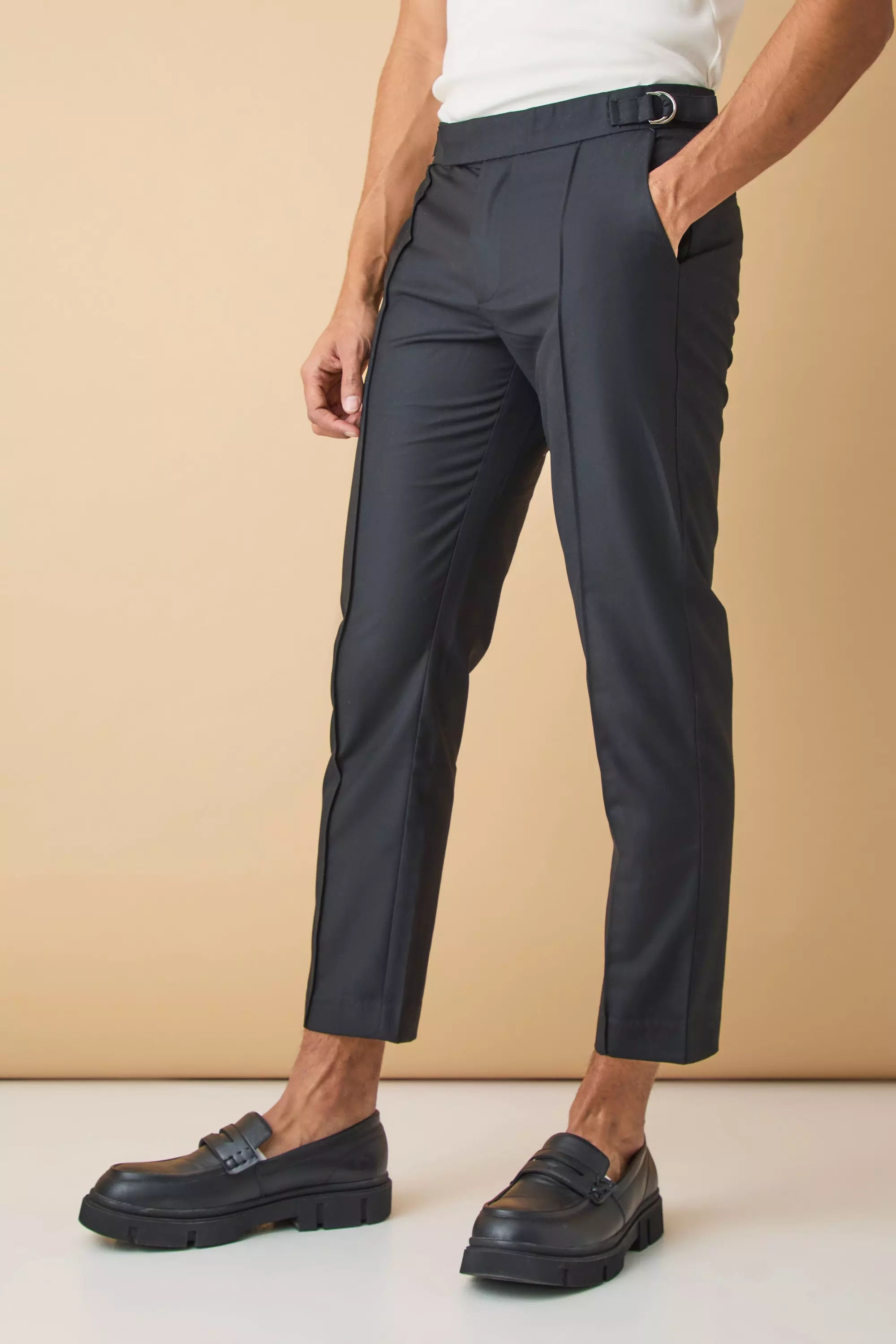 Black D Ring Adjustable Waistband Slim Fit Trousers