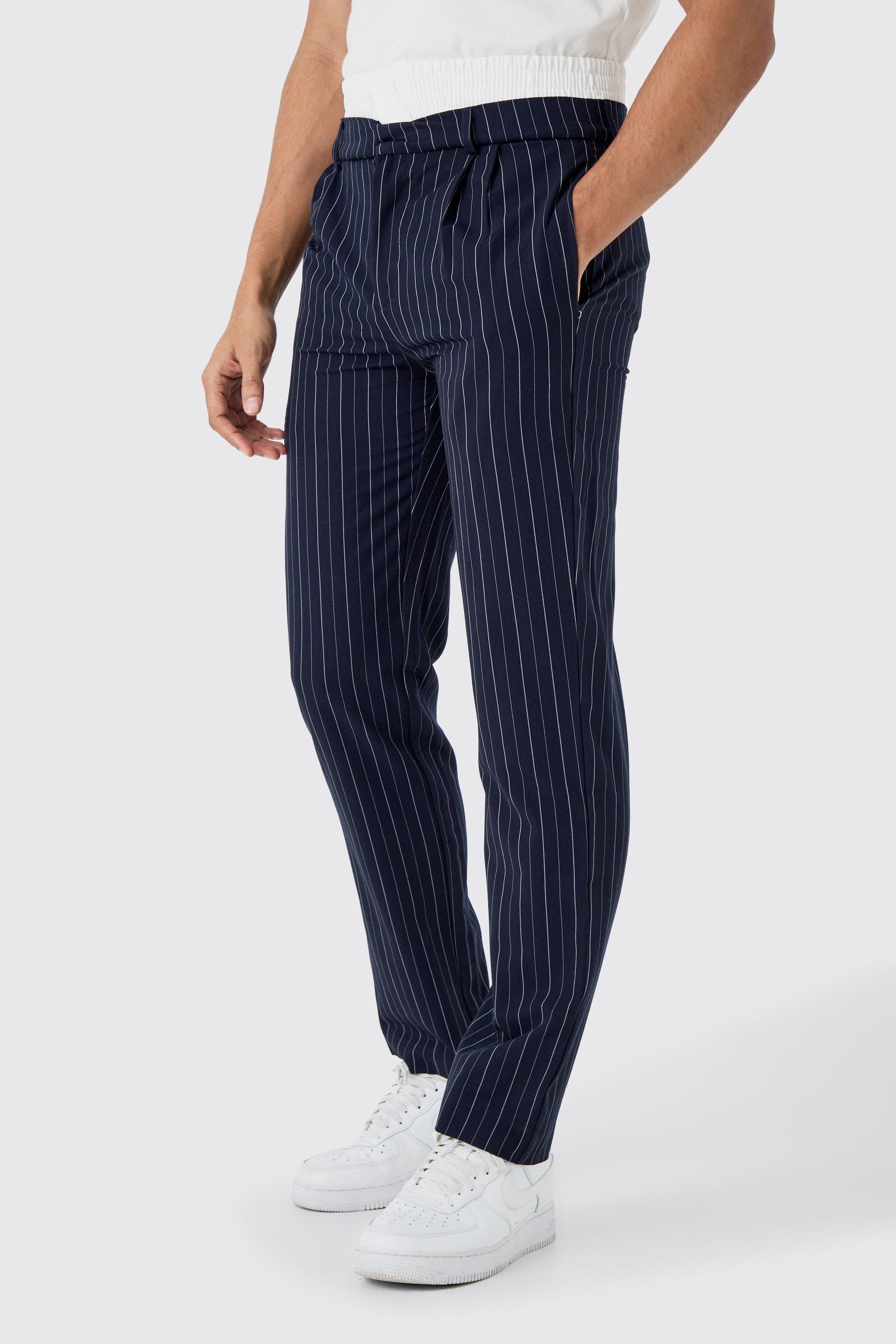 Buy Navy Blue Mid Rise Striped Pants for Men