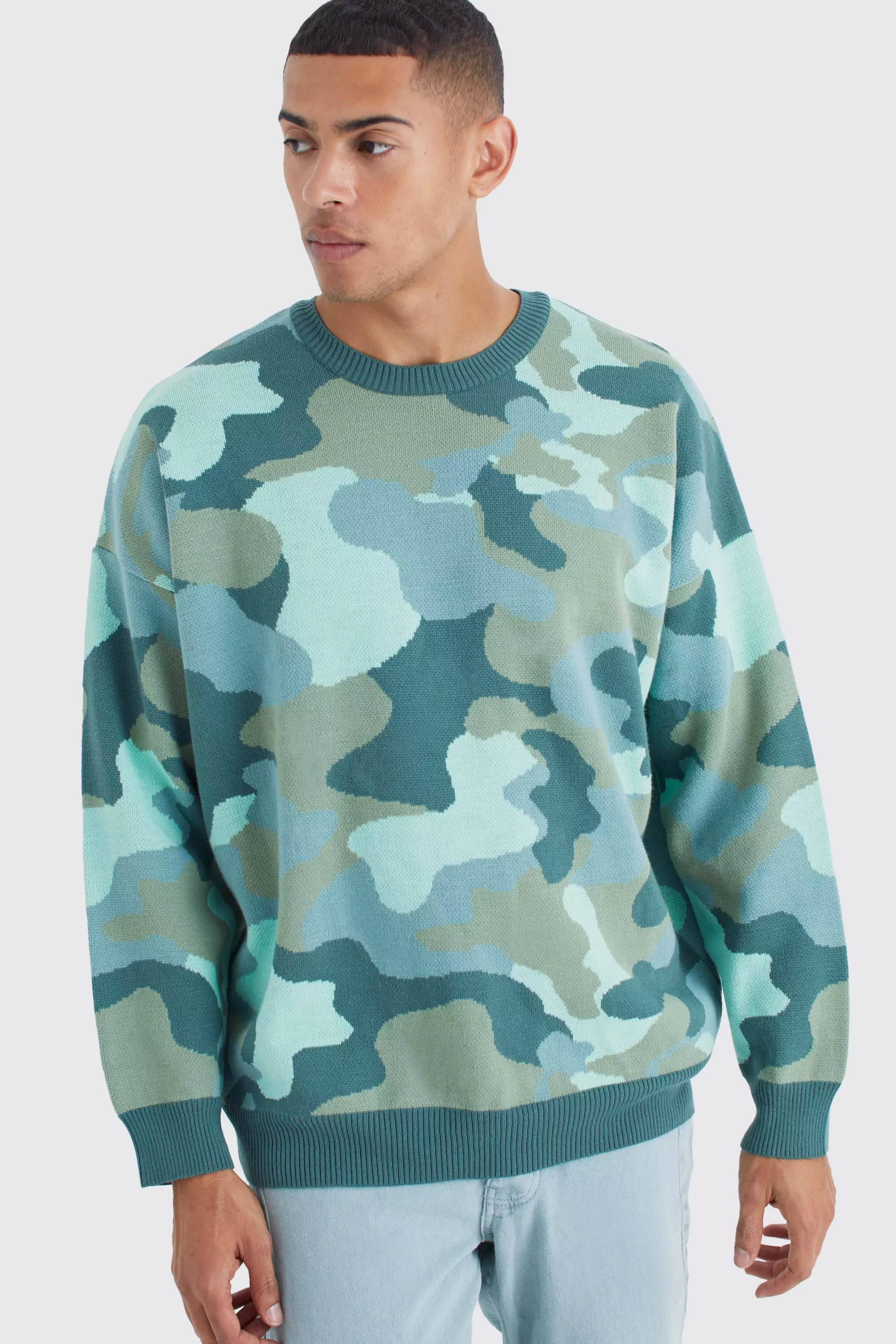 Oversized Camo Print Distresed Knit Jumper boohooMAN IE