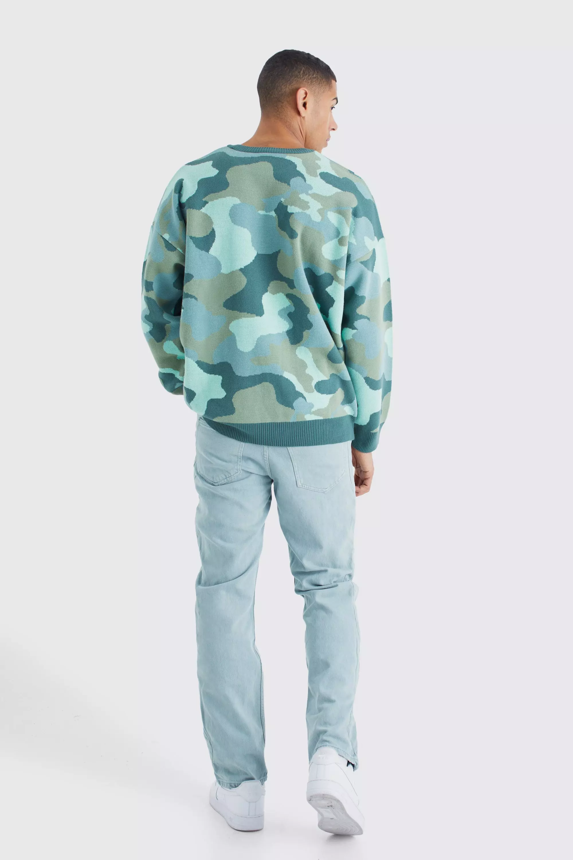 Oversized Camo Print Distresed Knit Jumper boohooMAN USA