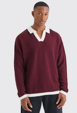 Long Sleeved Oversized Contrast Collar Knitted Polo Burgundy