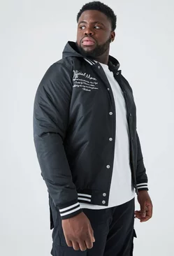 Black Plus Nylon Varsity Jacket With Hood