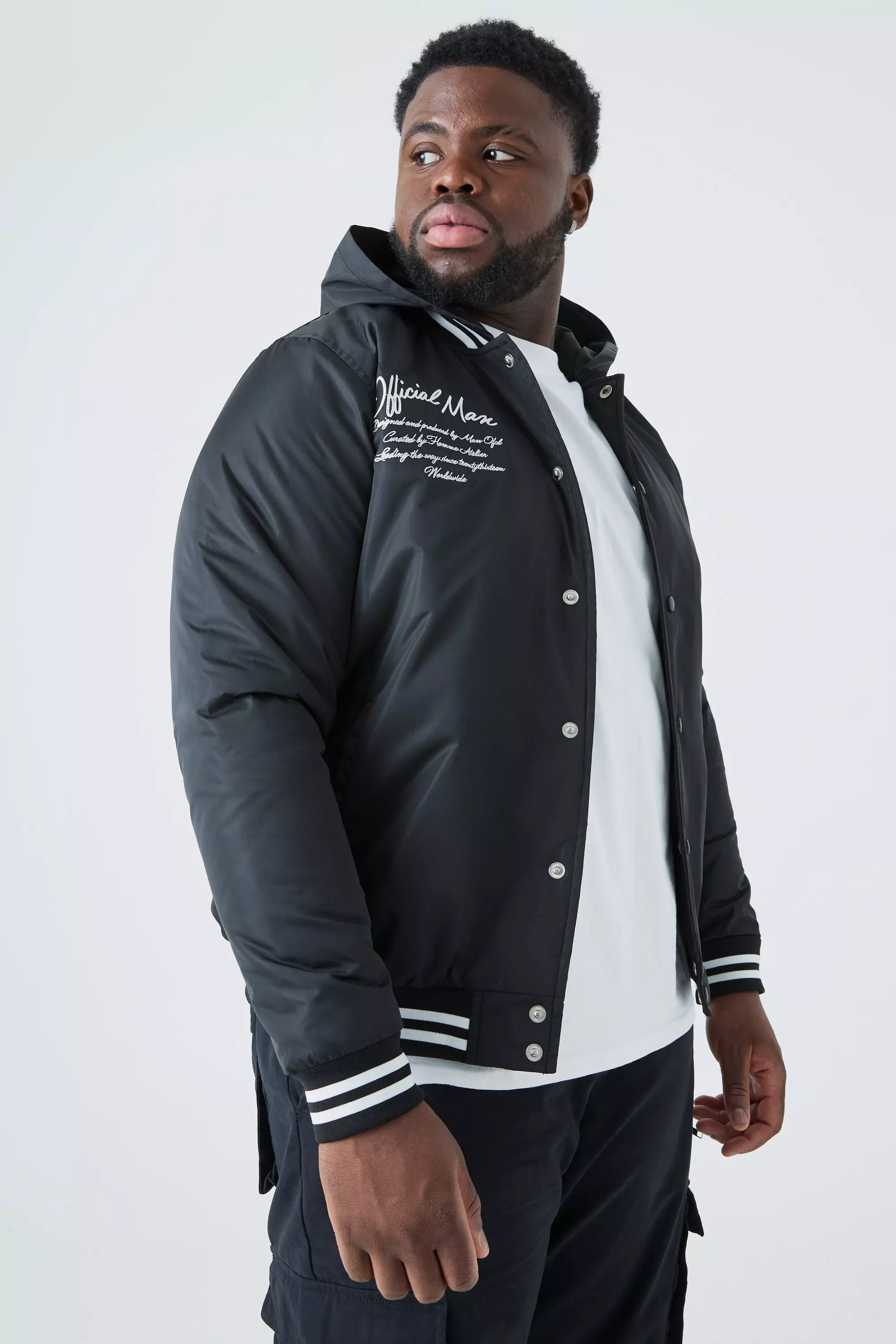 Black Plus Nylon Varsity Jacket With Hood