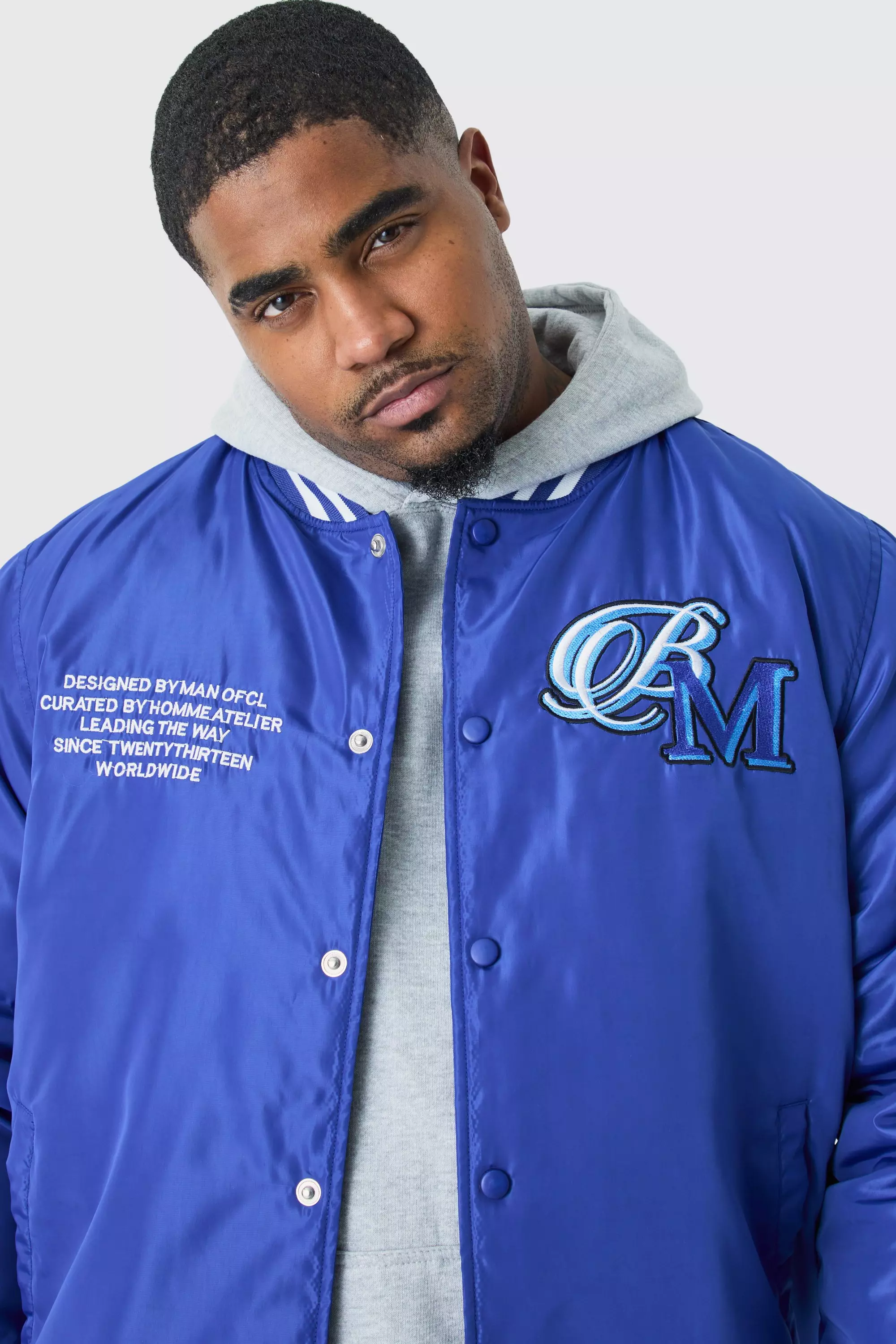 Plus Nylon Varsity Jacket With Badges Cobalt